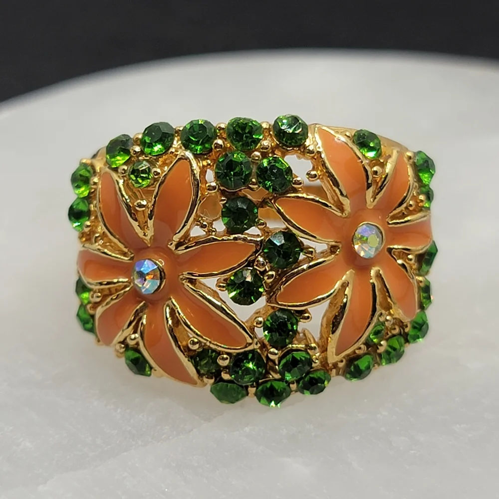 Vintage Wide Band Floral Rhinestone Ring Size 12 ½